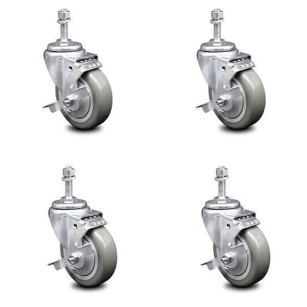 4 Inch Gray Polyurethane Swivel 10mm Threaded Stem Caster Set with Brake SCC